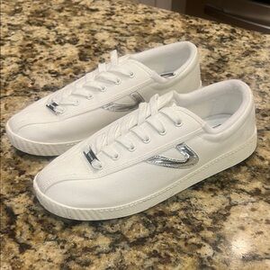 Tretorn White Canvas Sneakers with Silver Details